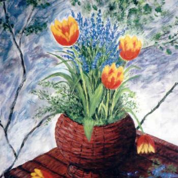 Painting titled "Panier de tulipes" by Anne Touzard, Original Artwork