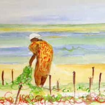 제목이 "ramassage des algues"인 미술작품 Anne Paul로, 원작, 수채화