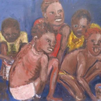 Pintura intitulada "enfants sur fond bl…" por Anne Paul, Obras de arte originais, Óleo