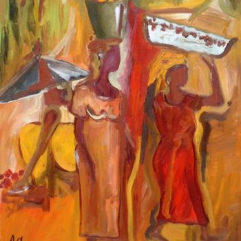 Malerei mit dem Titel "robe rouge au marché" von Anne Paul, Original-Kunstwerk, Öl
