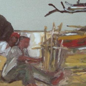 Painting titled "hommes et pirogues" by Anne Paul, Original Artwork, Oil