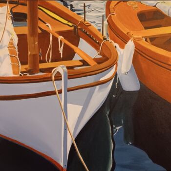 Painting titled "Les deux barques" by Anne-Sophie Beau, Original Artwork, Acrylic Mounted on Wood Stretcher frame