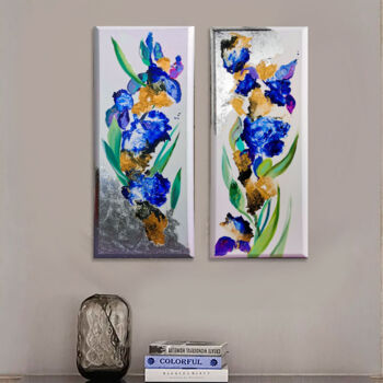 Painting titled "Blue flowers abstra…" by Annet Loginova, Original Artwork, Acrylic Mounted on Wood Stretcher frame