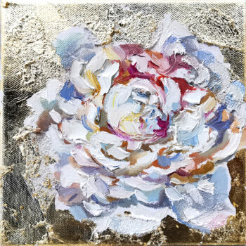 Painting titled "White peonies minia…" by Annet Loginova, Original Artwork, Oil Mounted on Wood Stretcher frame