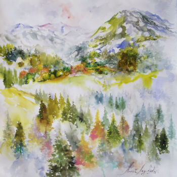 Painting titled "Conifer peaks" by Annet Loginova, Original Artwork, Watercolor