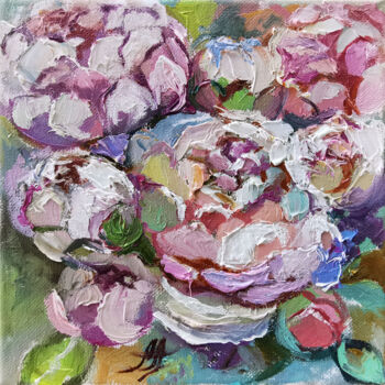 Pink peonies miniature on canvas, Flowers blossom small flow