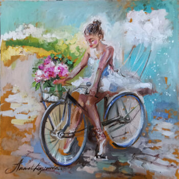 Painting titled "Ballerina On A Bicy…" by Annet Loginova, Original Artwork, Oil Mounted on Wood Stretcher frame