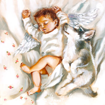 Картина под названием "Angel & Furry Frien…" - Annet Loginova, Подлинное произведение искусства, Цифровая печать