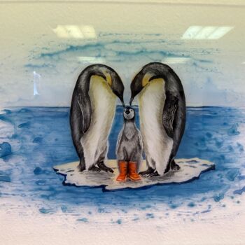 Pintura intitulada "Pinguine" por Annette Speck, Obras de arte originais, Pintura de vitral Montado em Vidro