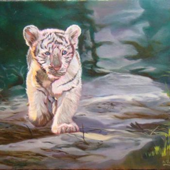 Malerei mit dem Titel "Petit tigre blanc" von Anne Zamo, Original-Kunstwerk, Öl