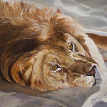 Painting titled "Portrait de lion" by Anne Zamo, Original Artwork, Oil