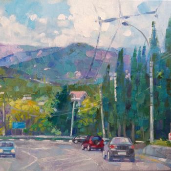 Painting titled "Road to Yalta" by Anna Gaponiuk, Original Artwork, Oil Mounted on Wood Stretcher frame