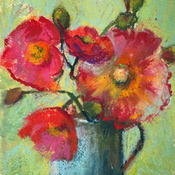 Painting titled "Poppies in a blue v…" by Ann Golub, Original Artwork, Pastel Mounted on Cardboard