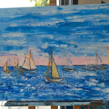 Peinture intitulée "Bateaux en mer" par Annick Ayoul, Œuvre d'art originale, Huile Monté sur Châssis en bois