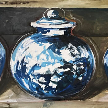 Schilderij getiteld "Drie blauwe vazen" door Annick Blommaert, Origineel Kunstwerk, Acryl