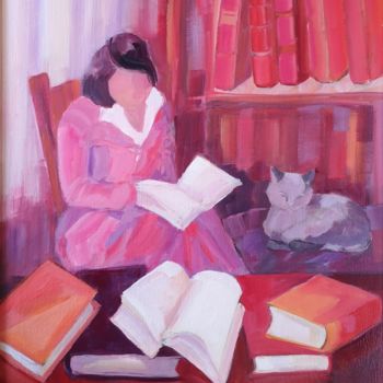 Peinture intitulée "La lecture(2)" par Annick Queffélec, Œuvre d'art originale, Huile