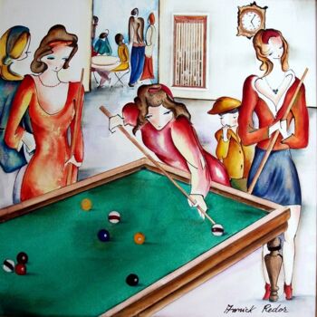 Peinture intitulée "Les amies au billard" par Annick Redor, Œuvre d'art originale, Huile