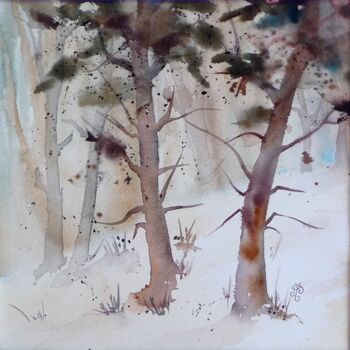 Painting titled "Neige en forêt" by Annick Sabatier, Original Artwork, Watercolor