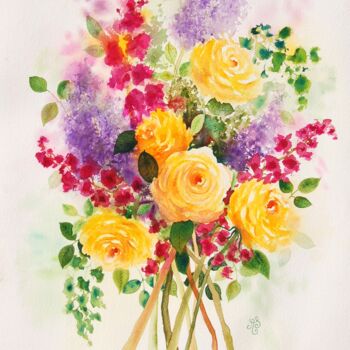 Malerei mit dem Titel "Bouquet d'été aux r…" von Annick Sabatier, Original-Kunstwerk, Aquarell