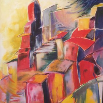 Painting titled "Village coloré" by Annick Ansquer, Original Artwork, Oil
