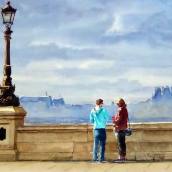 Painting titled "2018 Pont Neuf Ouest" by Annick Berteaux, Original Artwork, Watercolor