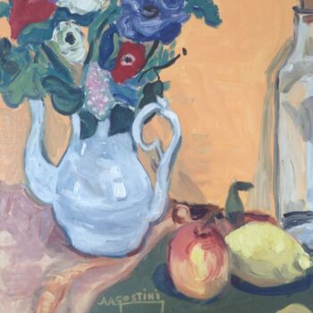 Peinture intitulée "Anémones au vase bl…" par Annie Agostini, Œuvre d'art originale, Huile