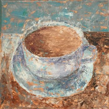 Painting titled "Tasse de café 1" by Annie Croizier, Original Artwork, Oil Mounted on Wood Stretcher frame