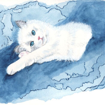 Painting titled "Chaton au lever de…" by Annie Décarpes (kirova), Original Artwork, Watercolor