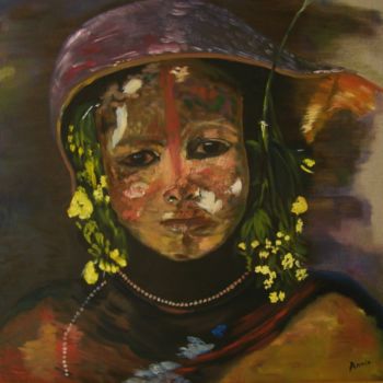 Painting titled "Femme de la tribu d…" by Annie Foix, Original Artwork, Oil
