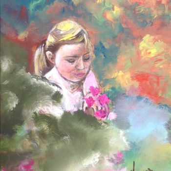 Pittura intitolato "Jeune fille aux fle…" da Annie Galipot, Opera d'arte originale, Acrilico
