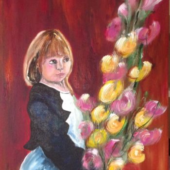 Pintura intitulada "Petite fille aux fl…" por Annie Galipot, Obras de arte originais, Acrílico