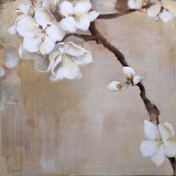 Painting titled "fleurs-pommier or" by Annie Lanoy, Original Artwork