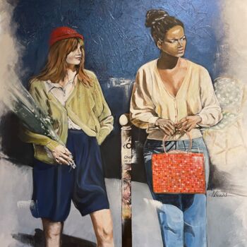 Painting titled ""Shopping entre cop…" by Annie Roudet, Original Artwork, Acrylic Mounted on Wood Stretcher frame