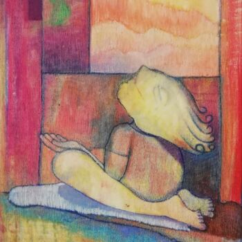 Desenho intitulada "Le petit yogi" por Annie Vandemalle, Obras de arte originais, Pastel Montado em Armação em madeira