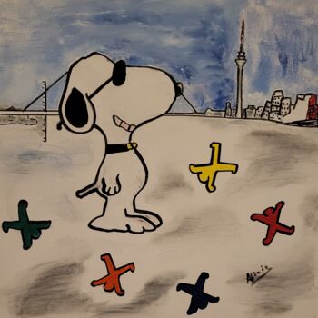 Ζωγραφική με τίτλο "Snoopy voyage à Düs…" από Annie Vivies, Αυθεντικά έργα τέχνης, Λάδι Τοποθετήθηκε στο Ξύλινο φορείο σκελε…