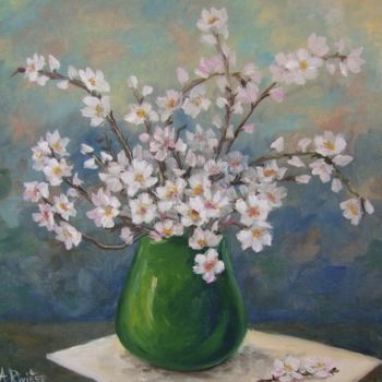 Painting titled "Fleurs d'amandiers…" by Annie Rivière, Original Artwork, Oil Mounted on Wood Stretcher frame