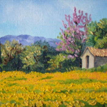 Peinture intitulée "Fleurs jaunes et ar…" par Annie Rivière, Œuvre d'art originale, Huile Monté sur Châssis en bois