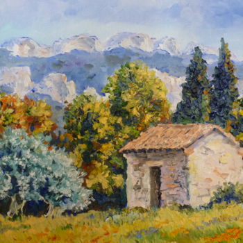 Painting titled "Cabanon à l'automne…" by Annie Rivière, Original Artwork, Oil Mounted on Wood Stretcher frame