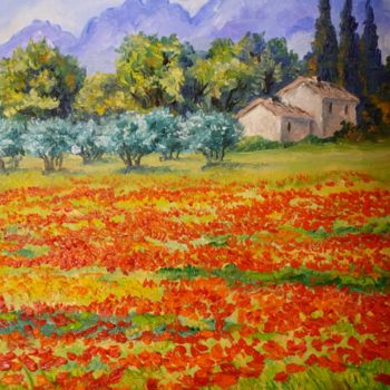 Painting titled "Coquelicots dans le…" by Annie Rivière, Original Artwork, Oil Mounted on Wood Stretcher frame