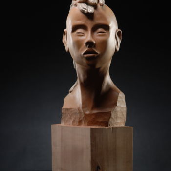 Sculptuur getiteld "Esprit lunaire" door Annouck Bienfait, Origineel Kunstwerk, Hout