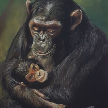 Pintura titulada "maternité chimpanzé" por Anny Dournon, Obra de arte original, Pastel