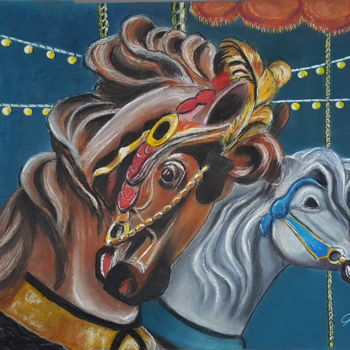 Painting titled "chevaux de bois" by Anny Dournon, Original Artwork, Pastel