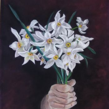 Painting titled "Narcisses" by Anny Dournon, Original Artwork, Pastel