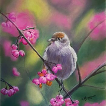 Peinture intitulée "oiseau aux fleurs r…" par Anny Dournon, Œuvre d'art originale, Pastel