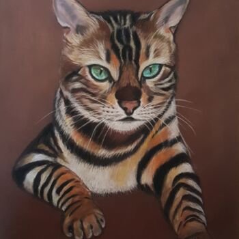 Painting titled "Chat Bengal" by Anny Dournon, Original Artwork, Pastel