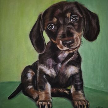 Painting titled "chiot teckel" by Anny Dournon, Original Artwork, Pastel