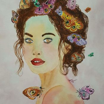 Painting titled "Miss Butterfly" by Anny Burtscher-Beaudoin, Original Artwork, Watercolor
