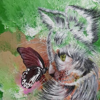 Painting titled "Le chat et la nature" by Anny Burtscher-Beaudoin, Original Artwork, Acrylic