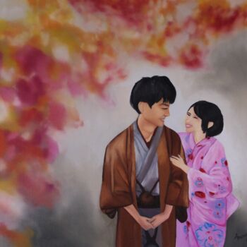 「Couple japonais」というタイトルの絵画 Anong Lopesによって, オリジナルのアートワーク, オイル ウッドストレッチャーフレームにマウント