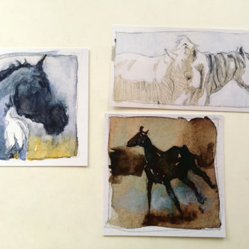 Pintura intitulada "chevaux cartes de v…" por Anouk Tank, Obras de arte originais, Aquarela